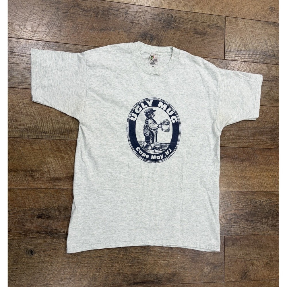 Vintage 90s Ugly Mug Cape May, NJ‎ Bar Graphic Tee Grey Navy Blue Large Beer